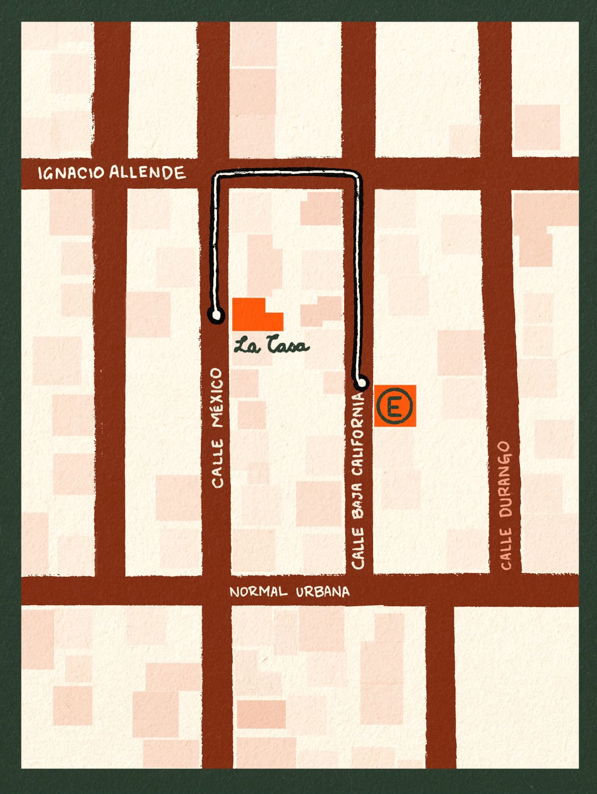 Croquis ilustrado de Reyna · La Casa con la ruta a pie hasta el estacionamiento privado sobre Calle Baja California